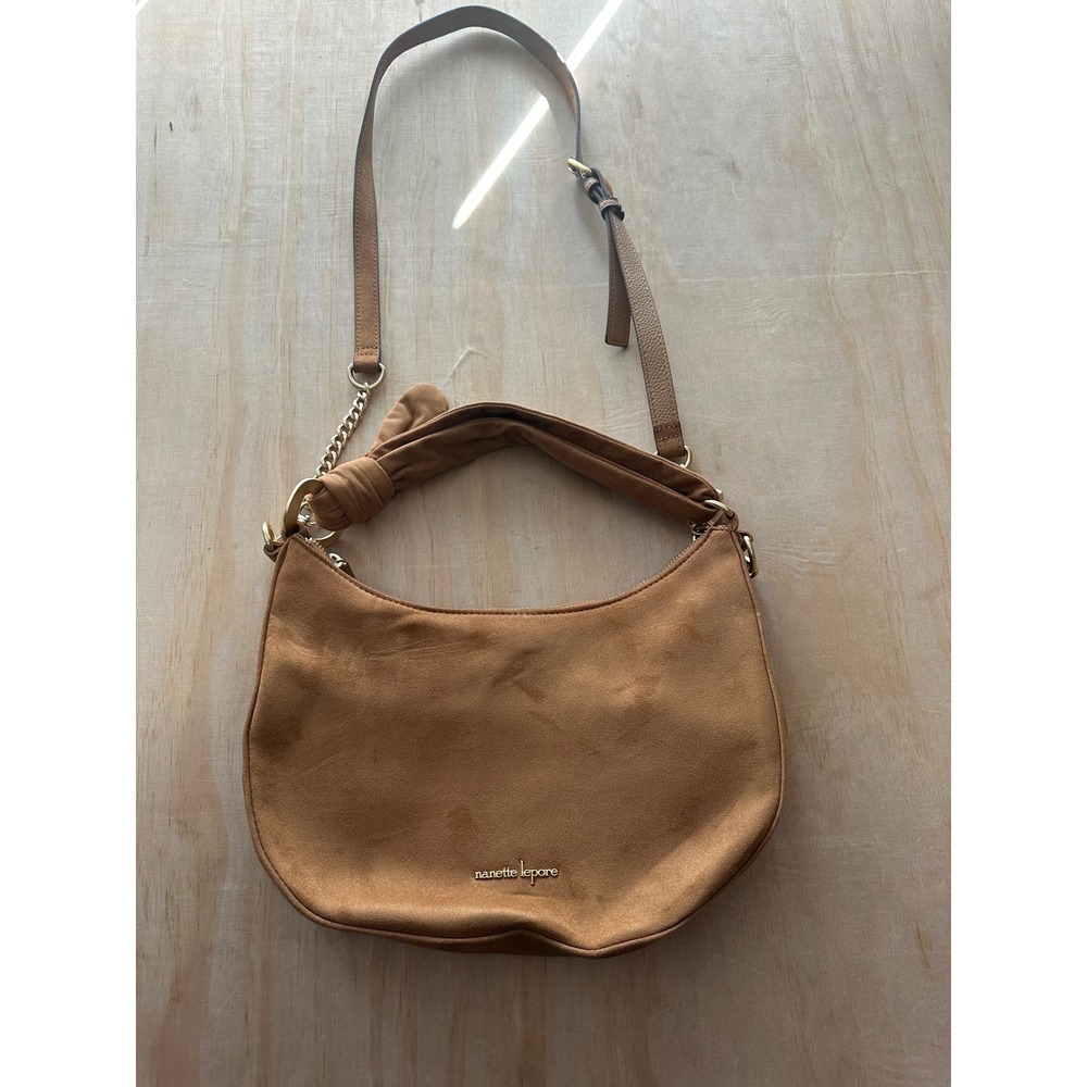 Nanette Lepore Tan Faux Suede Hobo Crossbody Bag with Knot Handle Gold Hardware